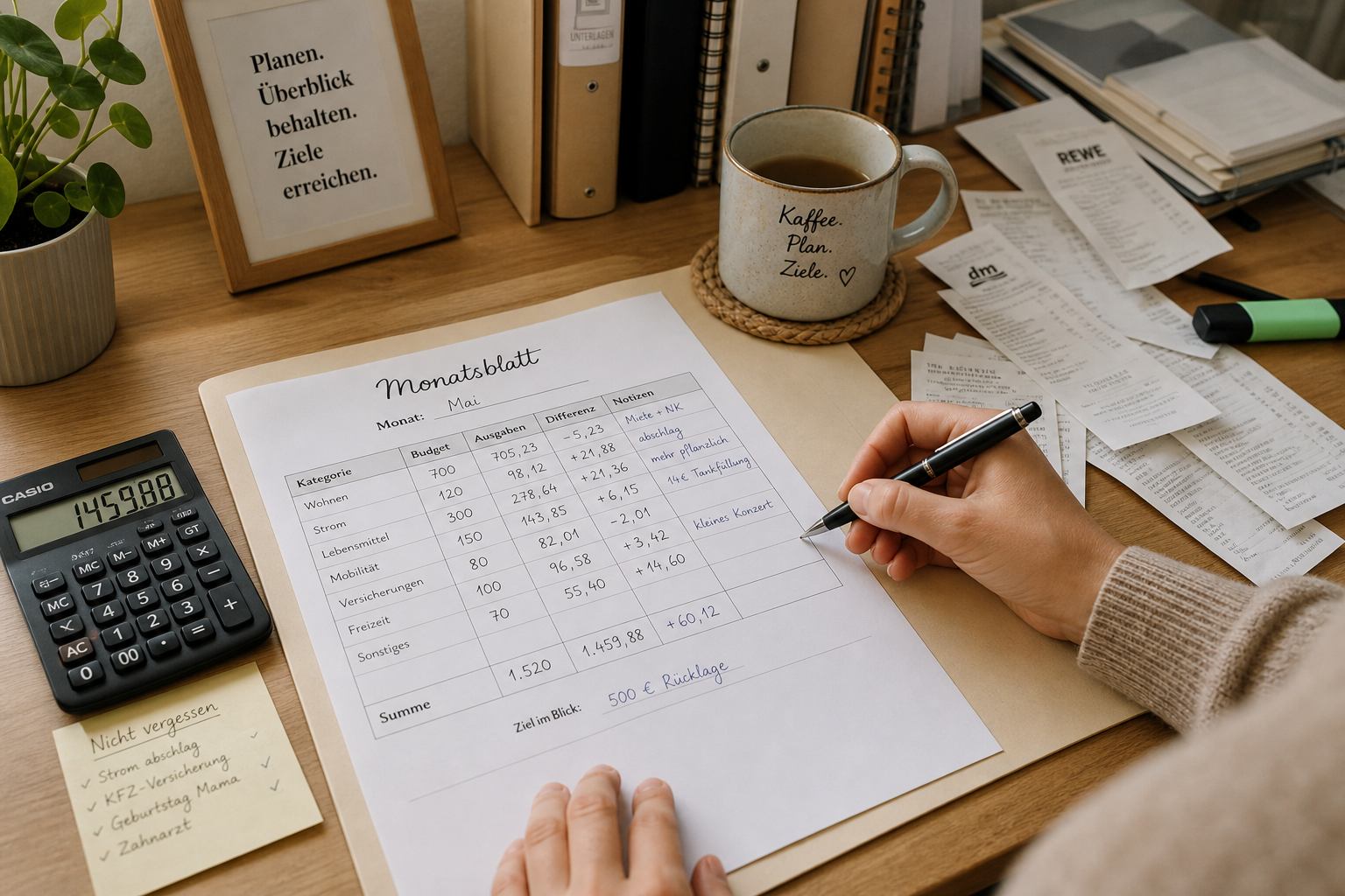 Schreibtisch mit Monatsblatt, Stift, Quittungen und Taschenrechner beim Eintragen von Ausgaben