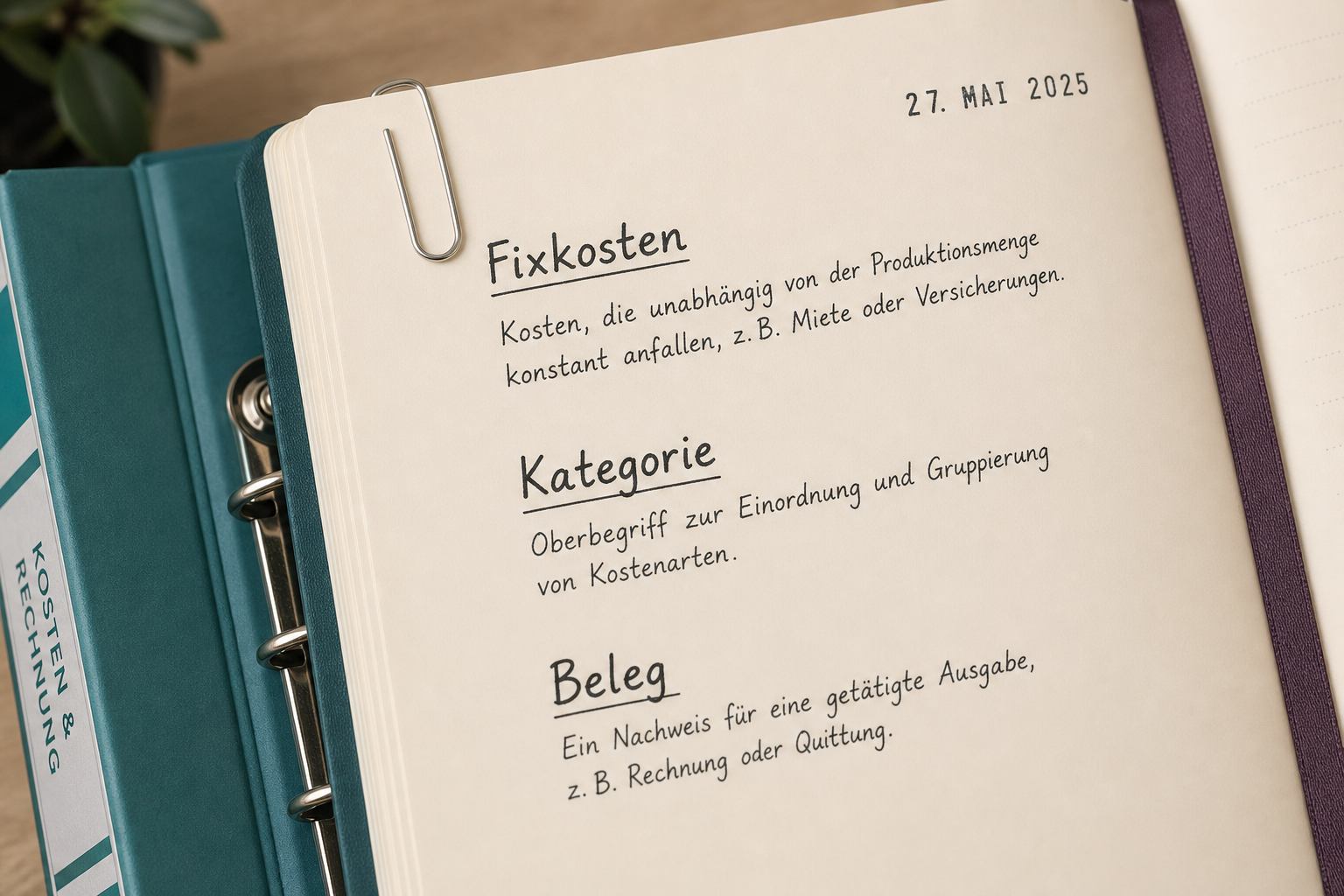 Notizblock mit handschriftlichen Begriffserklärungen neben Monatsmappe und Stift