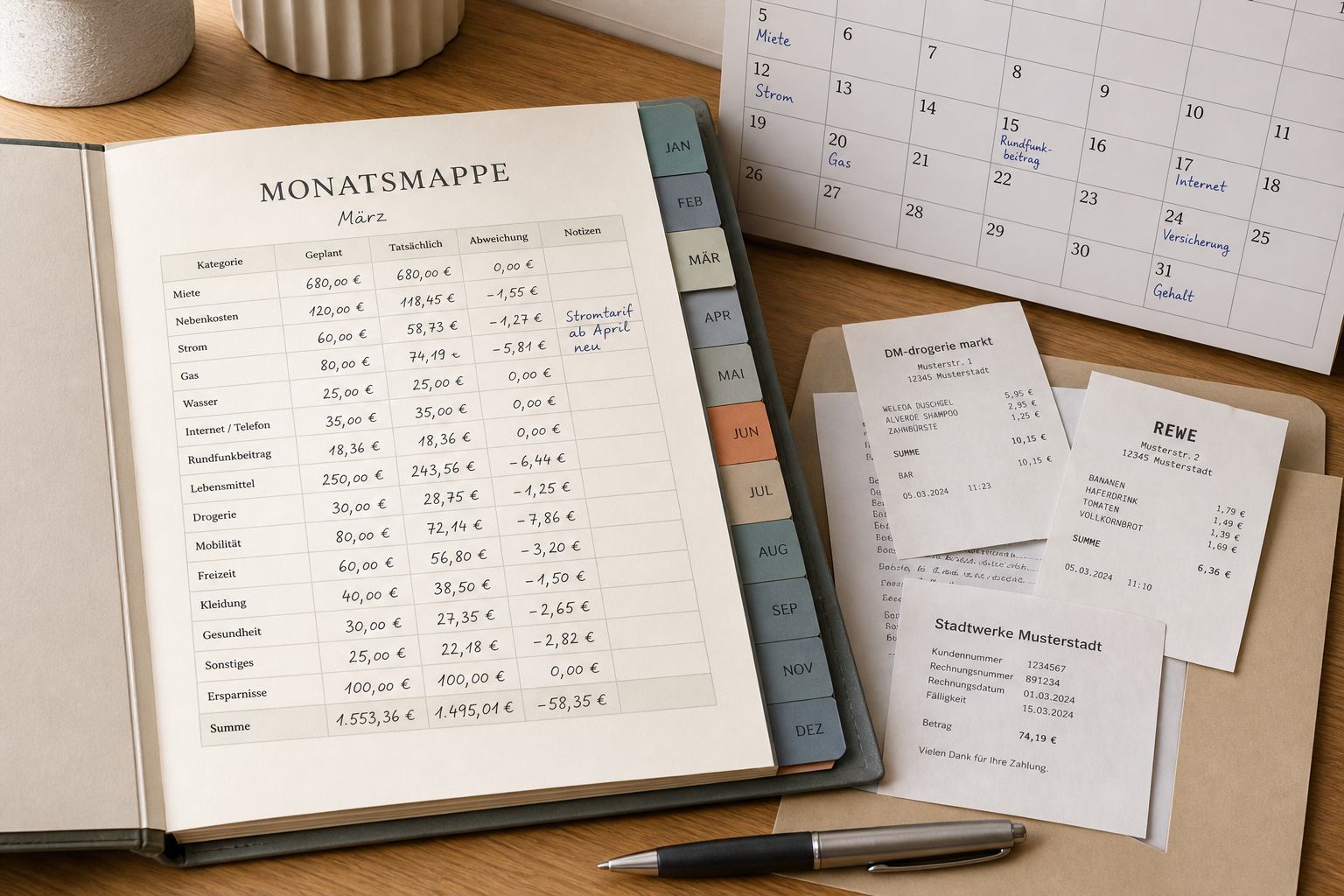 Geöffnete Monatsmappe mit Ausgabentabelle, Belegen, Kalender und Stift auf dem Schreibtisch