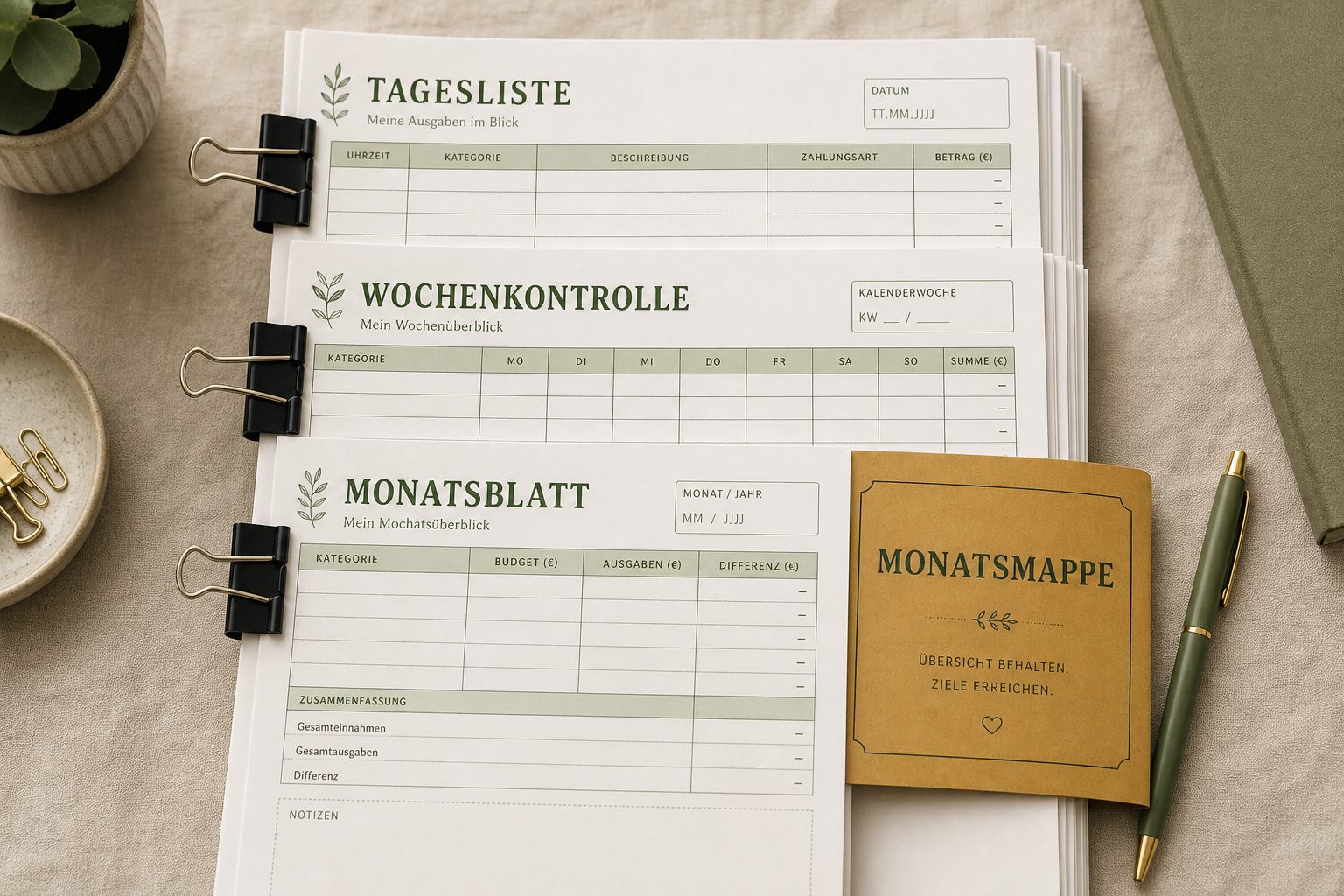 Ausgedruckte Monatsmappe-Vorlagen, Heft und Ordner auf einem Schreibtisch