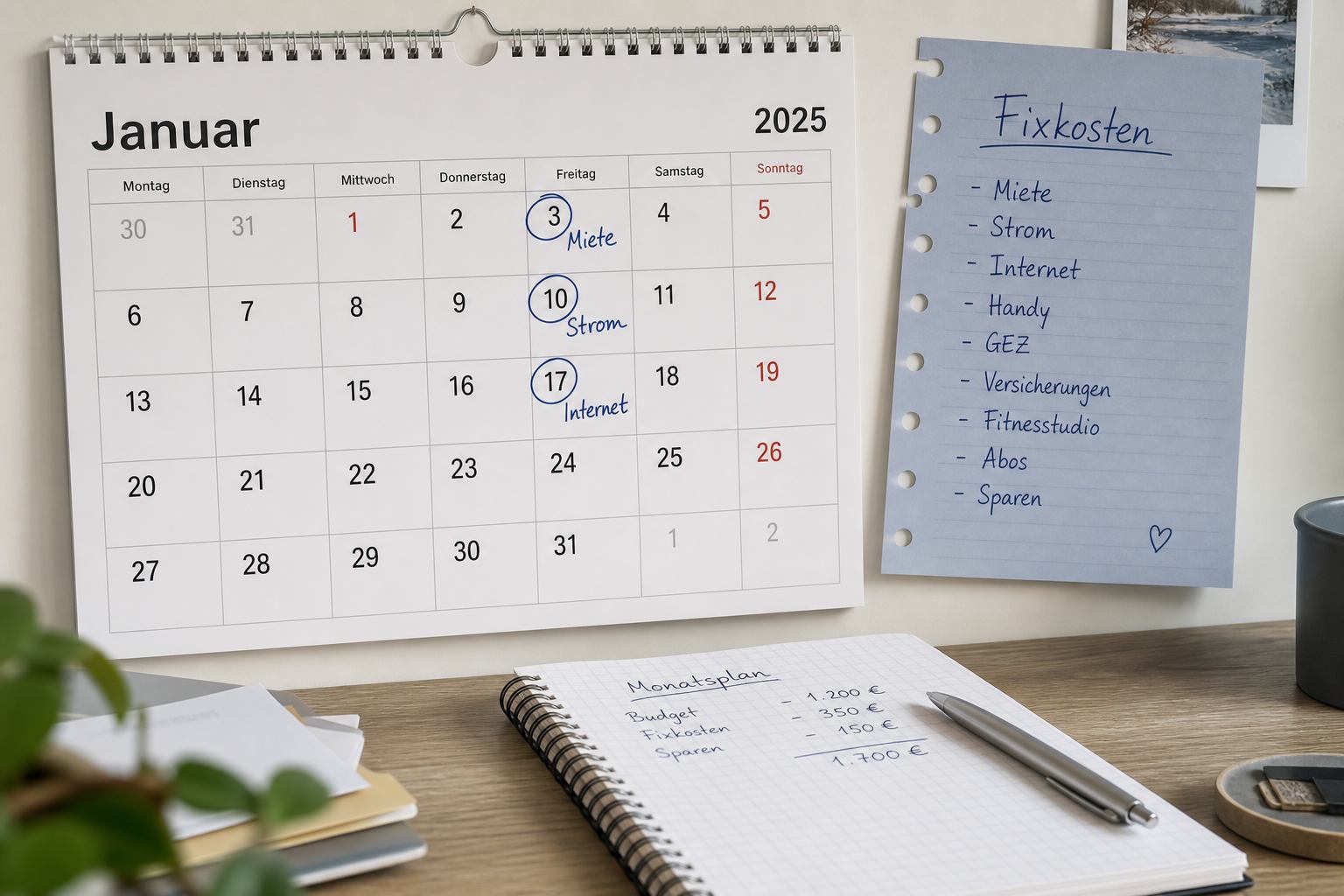 Wandkalender mit markierten Abbuchungstagen für Miete, Strom und Versicherungen